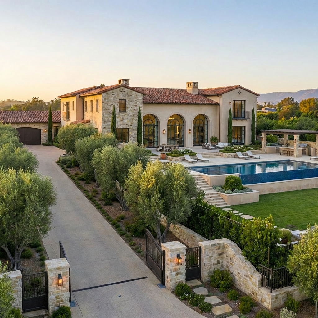 Luxury Sotheby's Mediterranean estate listing scene A blue sign reading 'FOR SALE For sall Sotheby's INTERNATIONAL REALTY' stands before a luxury Mediterranean estate with a pool.